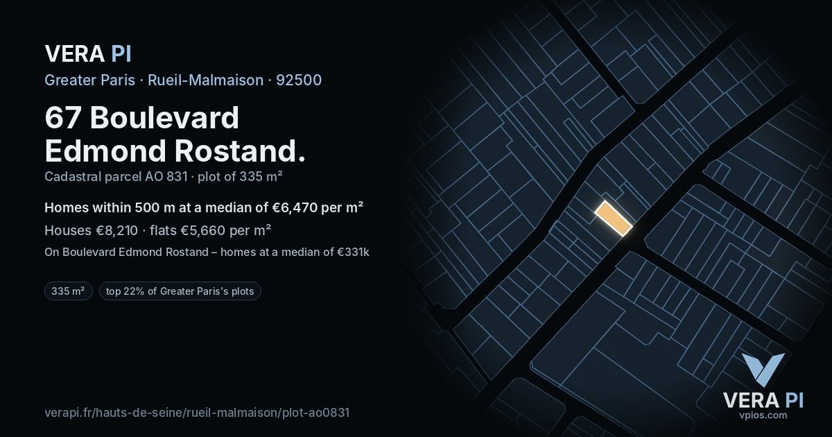 67 Boulevard Edmond Rostand, Rueil-Malmaison at night – the plot lit, the parcels around coloured by the prices near them