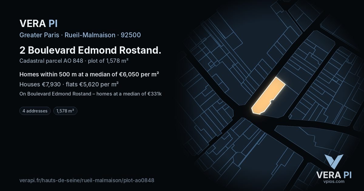 2 Boulevard Edmond Rostand, Rueil-Malmaison at night – the plot lit, the parcels around coloured by the prices near them
