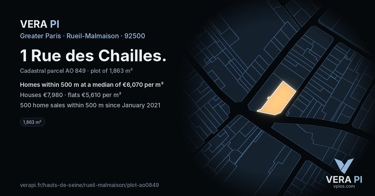 1 Rue des Chailles, Rueil-Malmaison at night – the plot lit, the parcels around coloured by the prices near them