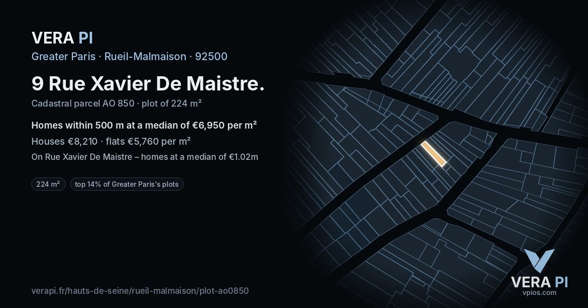 9 Rue Xavier De Maistre, Rueil-Malmaison at night – the plot lit, the parcels around coloured by the prices near them
