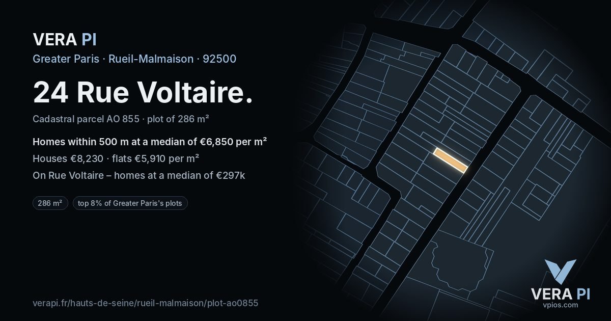 24 Rue Voltaire, Rueil-Malmaison at night – the plot lit, the parcels around coloured by the prices near them