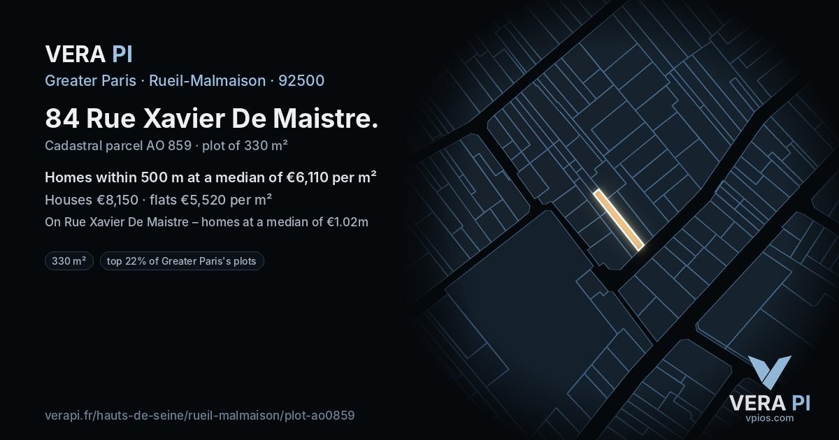 84 Rue Xavier De Maistre, Rueil-Malmaison at night – the plot lit, the parcels around coloured by the prices near them