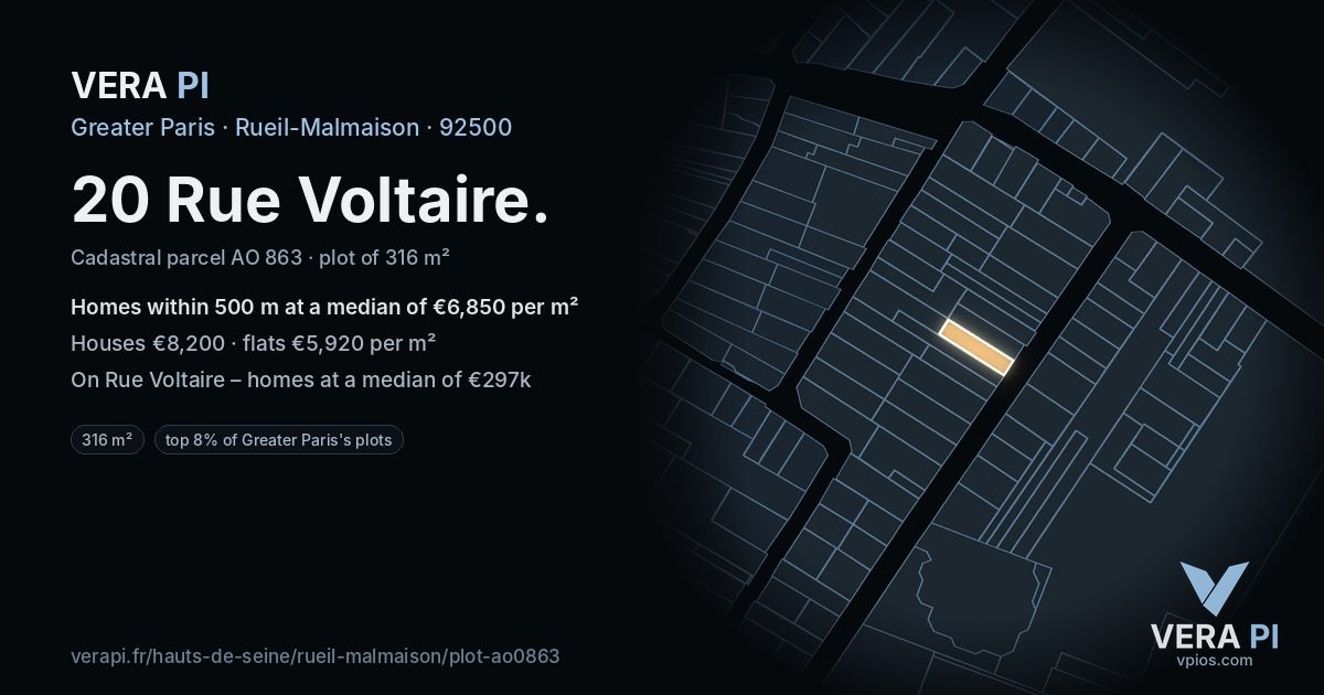 20 Rue Voltaire, Rueil-Malmaison at night – the plot lit, the parcels around coloured by the prices near them