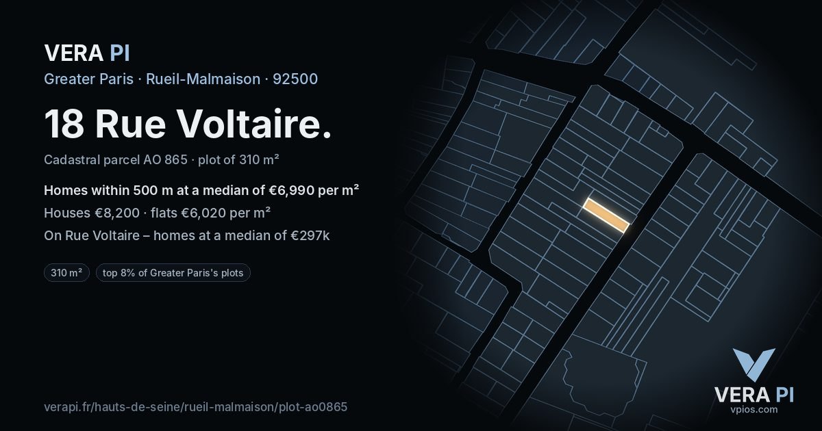 18 Rue Voltaire, Rueil-Malmaison at night – the plot lit, the parcels around coloured by the prices near them