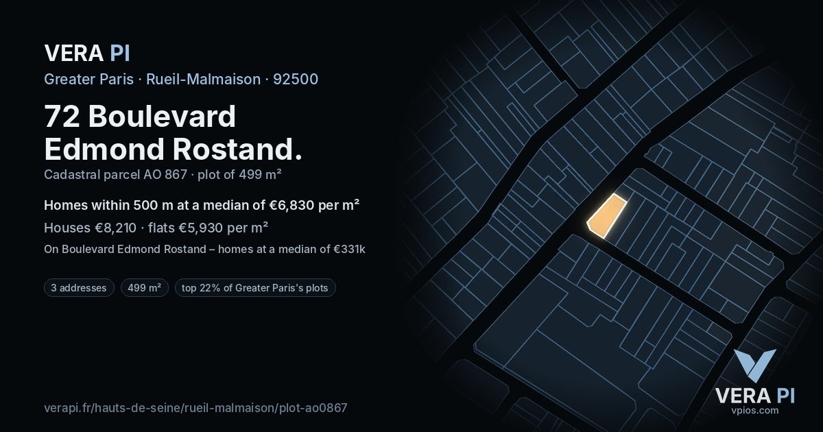 72 Boulevard Edmond Rostand, Rueil-Malmaison at night – the plot lit, the parcels around coloured by the prices near them