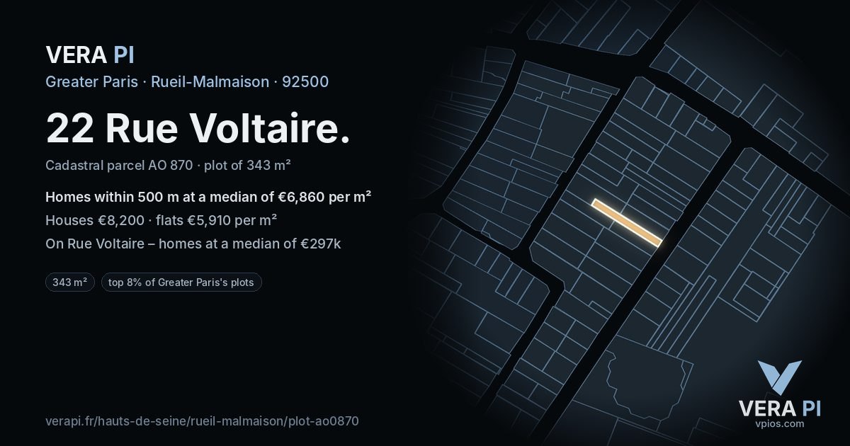 22 Rue Voltaire, Rueil-Malmaison at night – the plot lit, the parcels around coloured by the prices near them