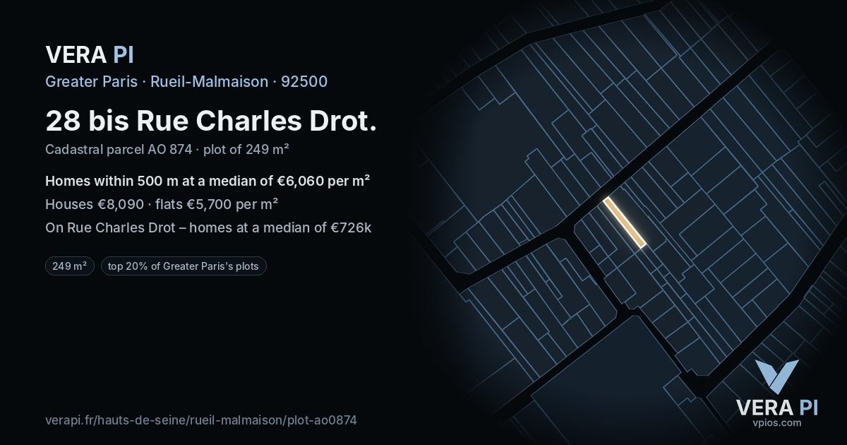 28 bis Rue Charles Drot, Rueil-Malmaison at night – the plot lit, the parcels around coloured by the prices near them