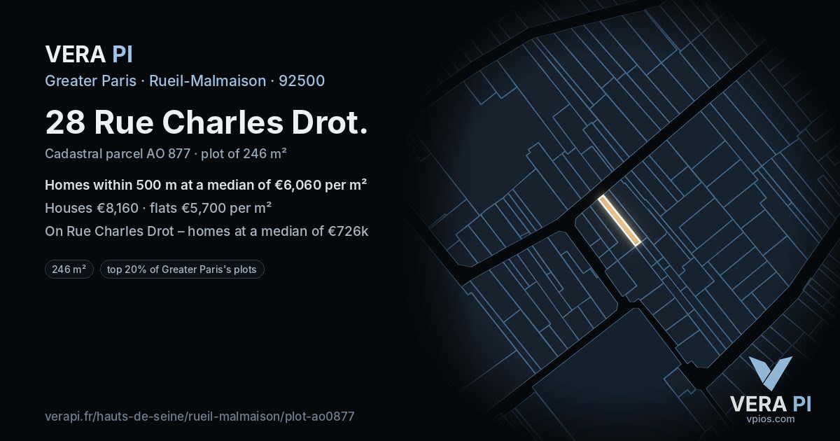 28 Rue Charles Drot, Rueil-Malmaison at night – the plot lit, the parcels around coloured by the prices near them