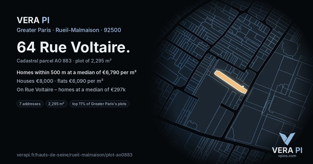 64 Rue Voltaire, Rueil-Malmaison at night – the plot lit, the parcels around coloured by the prices near them