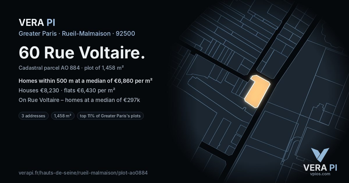 60 Rue Voltaire, Rueil-Malmaison at night – the plot lit, the parcels around coloured by the prices near them