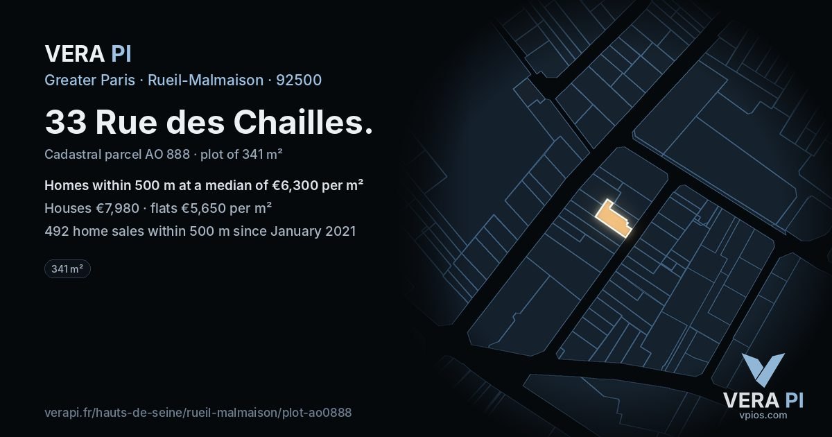 33 Rue des Chailles, Rueil-Malmaison at night – the plot lit, the parcels around coloured by the prices near them