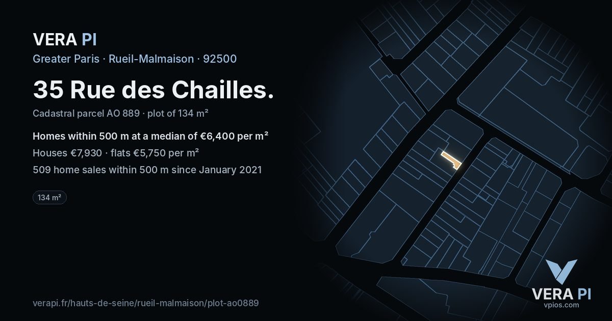 35 Rue des Chailles, Rueil-Malmaison at night – the plot lit, the parcels around coloured by the prices near them
