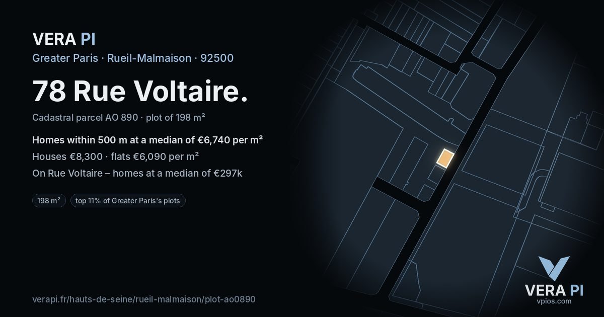 78 Rue Voltaire, Rueil-Malmaison at night – the plot lit, the parcels around coloured by the prices near them