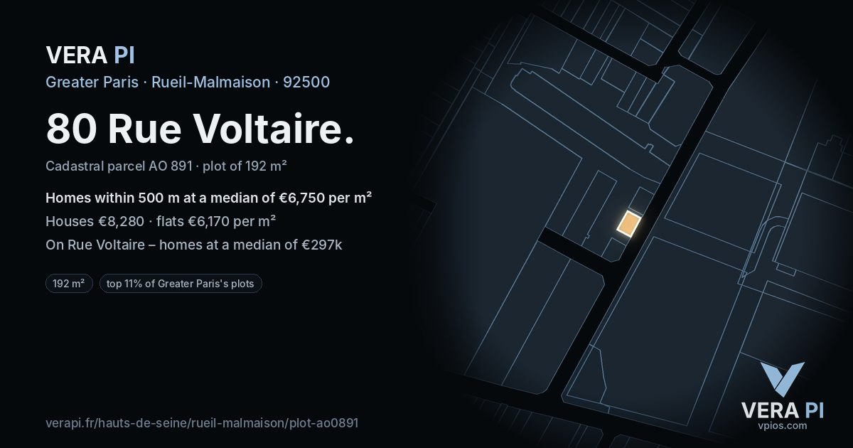 80 Rue Voltaire, Rueil-Malmaison at night – the plot lit, the parcels around coloured by the prices near them