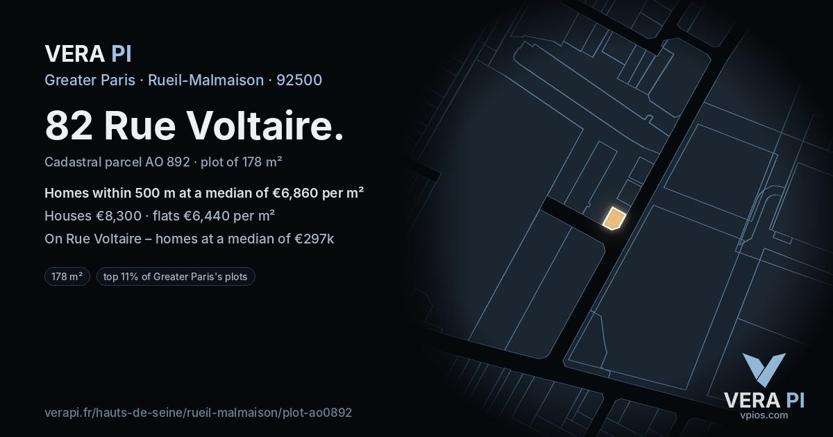 82 Rue Voltaire, Rueil-Malmaison at night – the plot lit, the parcels around coloured by the prices near them