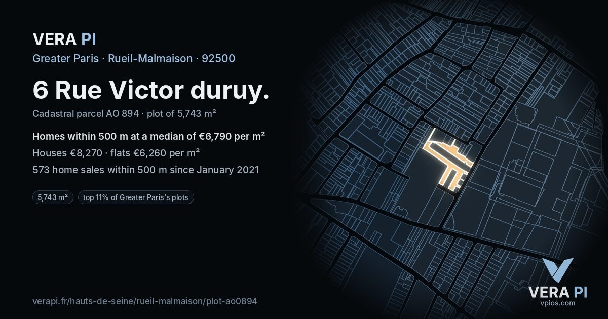 6 Rue Victor duruy, Rueil-Malmaison at night – the plot lit, the parcels around coloured by the prices near them