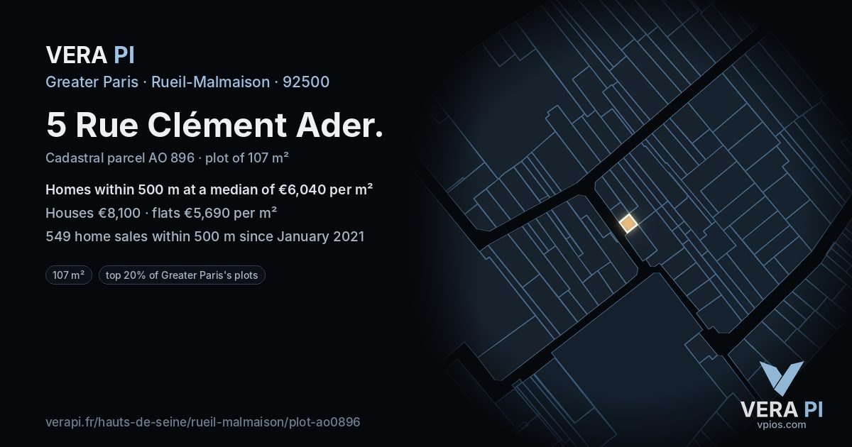 5 Rue Clément Ader, Rueil-Malmaison at night – the plot lit, the parcels around coloured by the prices near them