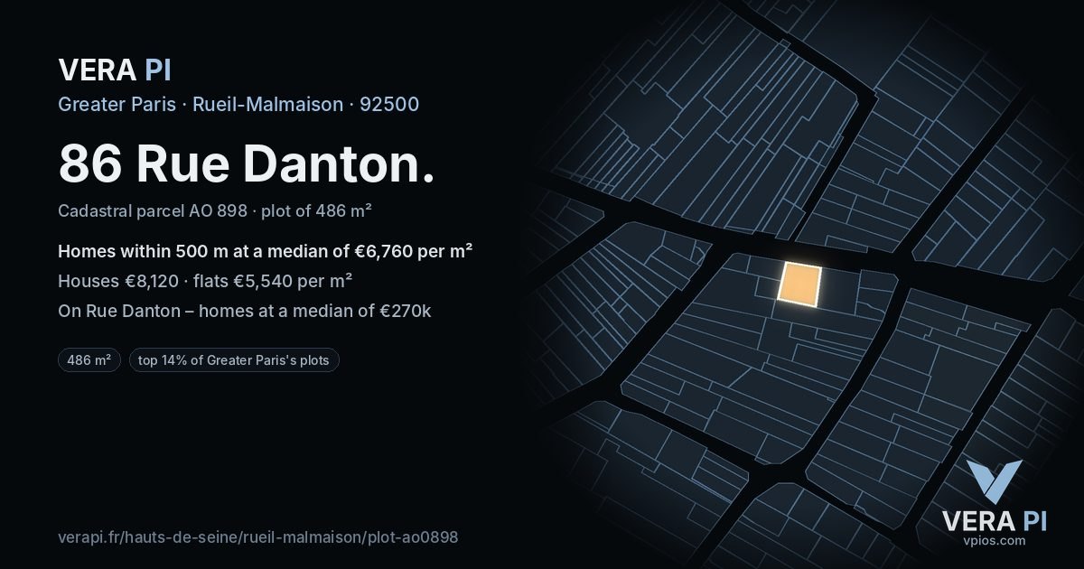 86 Rue Danton, Rueil-Malmaison at night – the plot lit, the parcels around coloured by the prices near them