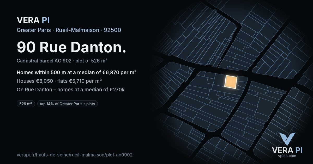 90 Rue Danton, Rueil-Malmaison at night – the plot lit, the parcels around coloured by the prices near them
