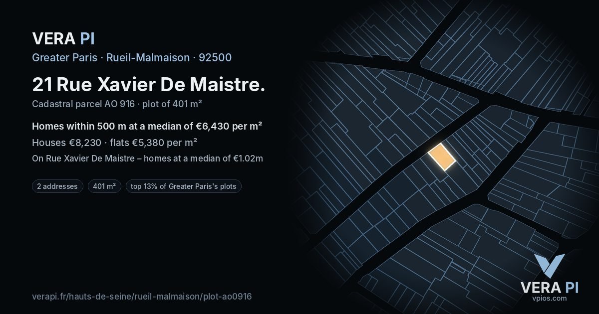 21 Rue Xavier De Maistre, Rueil-Malmaison at night – the plot lit, the parcels around coloured by the prices near them
