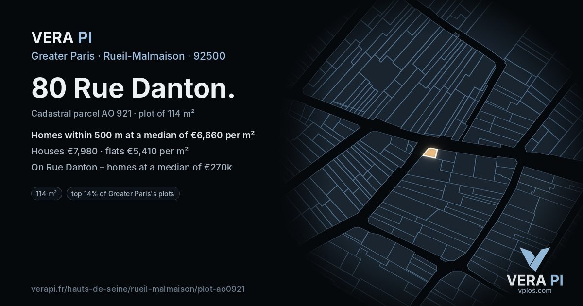 80 Rue Danton, Rueil-Malmaison at night – the plot lit, the parcels around coloured by the prices near them