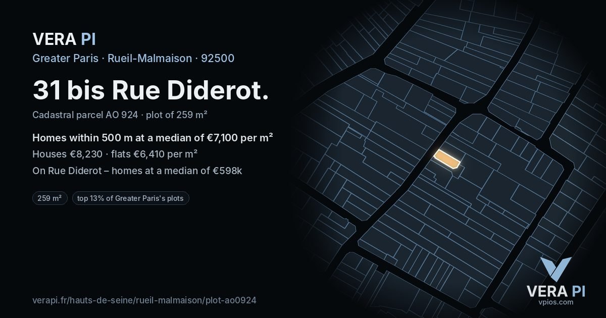 31 bis Rue Diderot, Rueil-Malmaison at night – the plot lit, the parcels around coloured by the prices near them