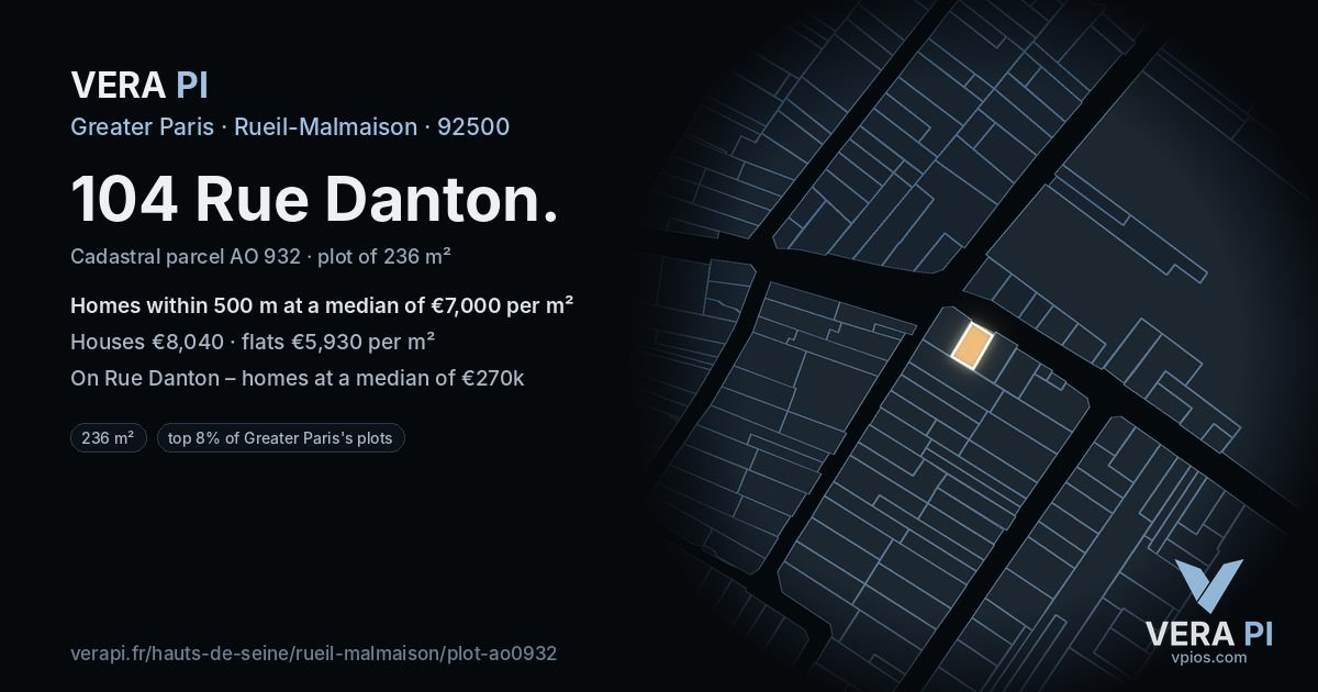 104 Rue Danton, Rueil-Malmaison at night – the plot lit, the parcels around coloured by the prices near them