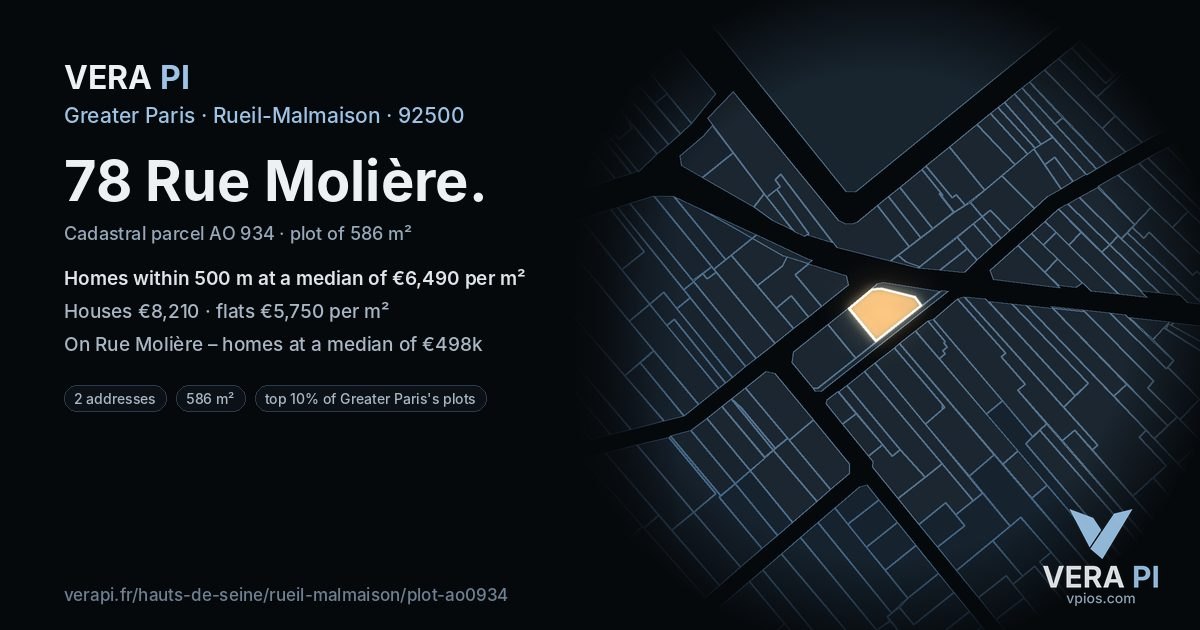 78 Rue Molière, Rueil-Malmaison at night – the plot lit, the parcels around coloured by the prices near them