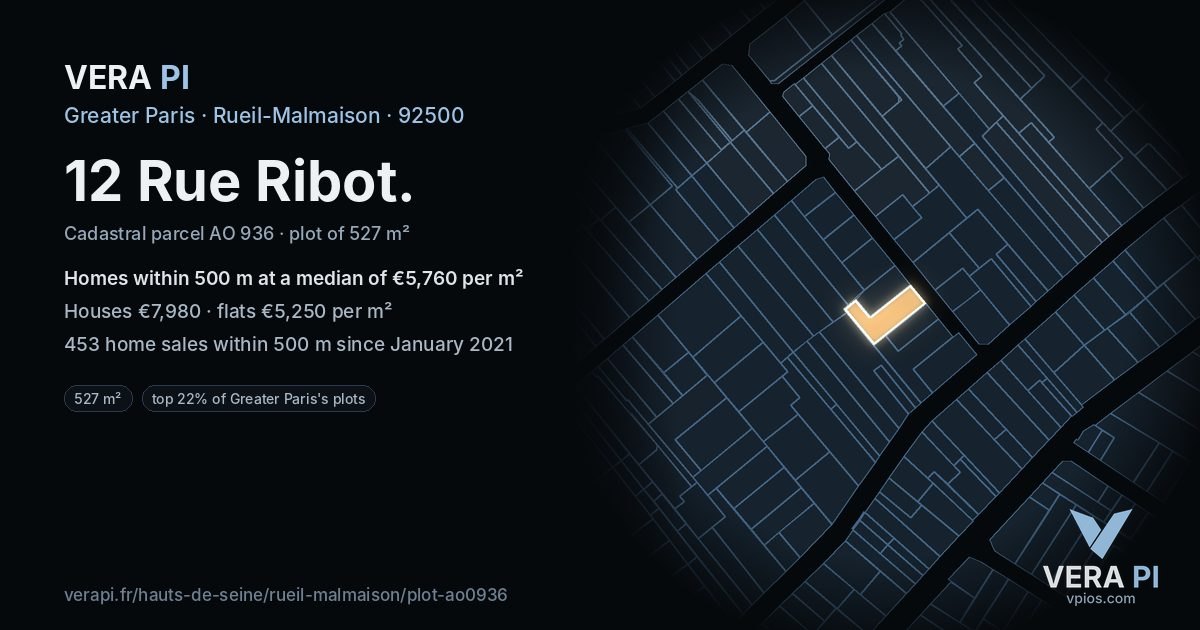 12 Rue Ribot, Rueil-Malmaison at night – the plot lit, the parcels around coloured by the prices near them