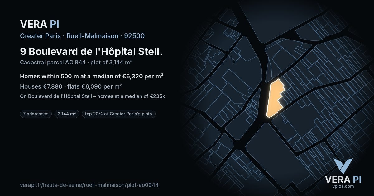 9 Boulevard de l'Hôpital Stell, Rueil-Malmaison at night – the plot lit, the parcels around coloured by the prices near them