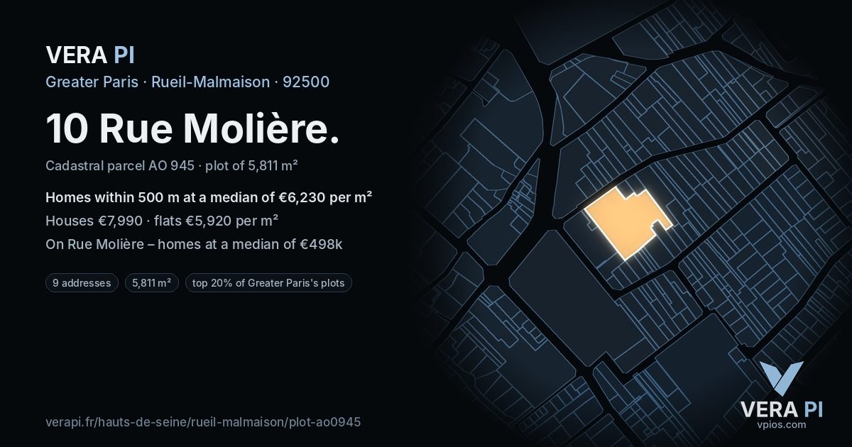 10 Rue Molière, Rueil-Malmaison at night – the plot lit, the parcels around coloured by the prices near them