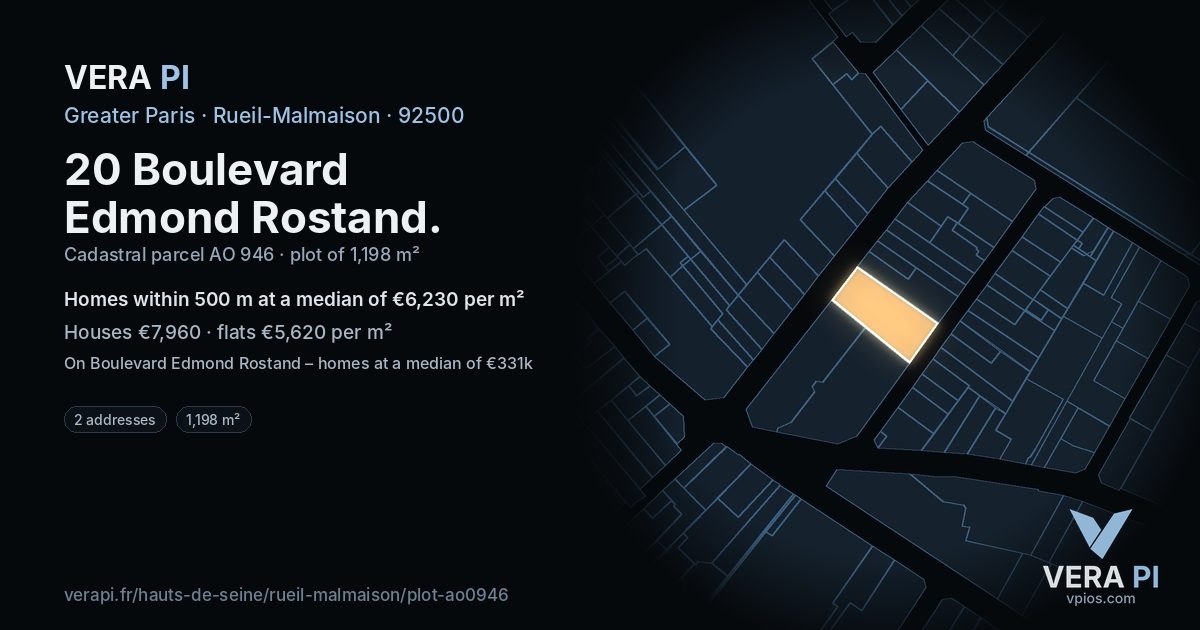 20 Boulevard Edmond Rostand, Rueil-Malmaison at night – the plot lit, the parcels around coloured by the prices near them