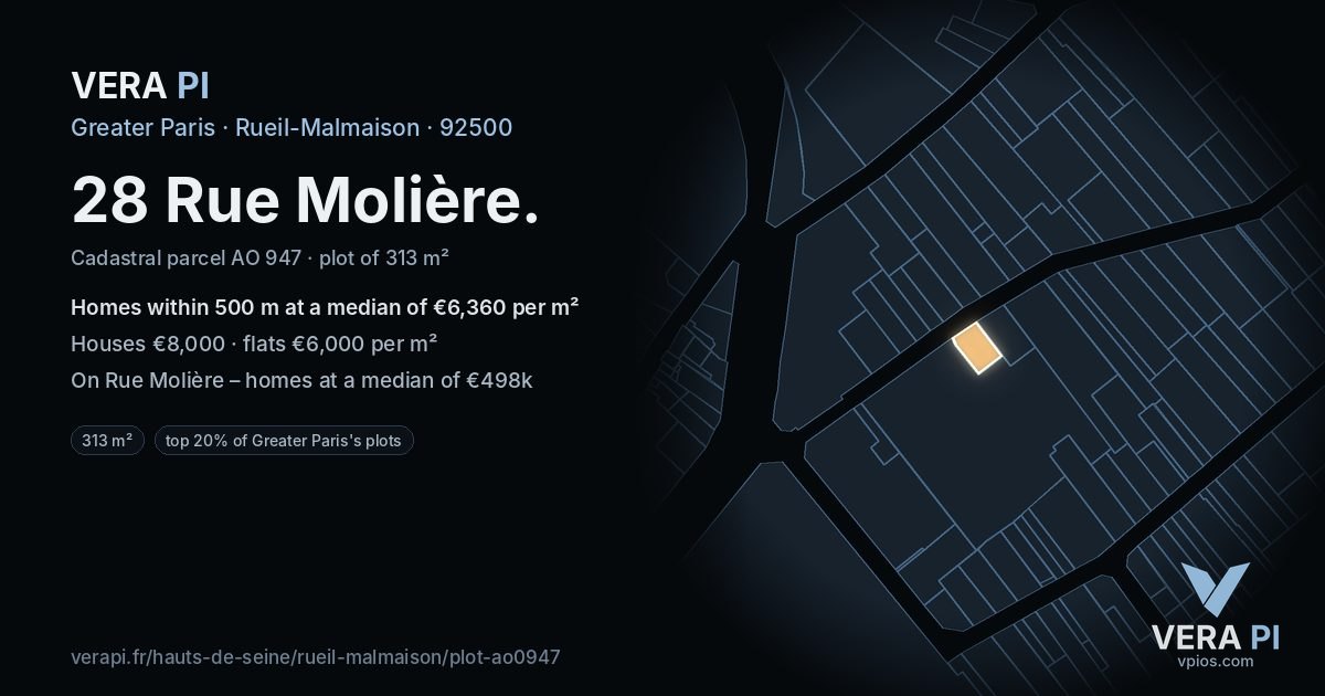 28 Rue Molière, Rueil-Malmaison at night – the plot lit, the parcels around coloured by the prices near them