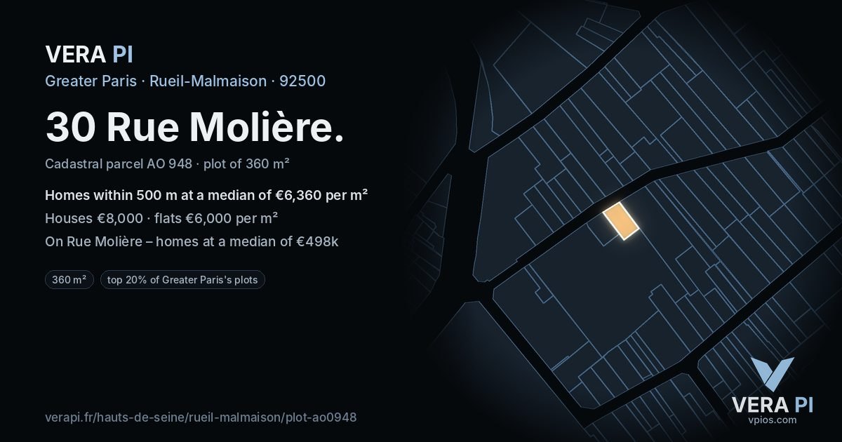 30 Rue Molière, Rueil-Malmaison at night – the plot lit, the parcels around coloured by the prices near them