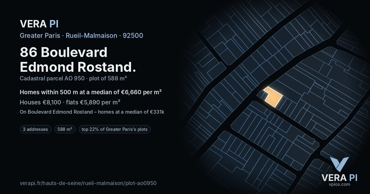 86 Boulevard Edmond Rostand, Rueil-Malmaison at night – the plot lit, the parcels around coloured by the prices near them