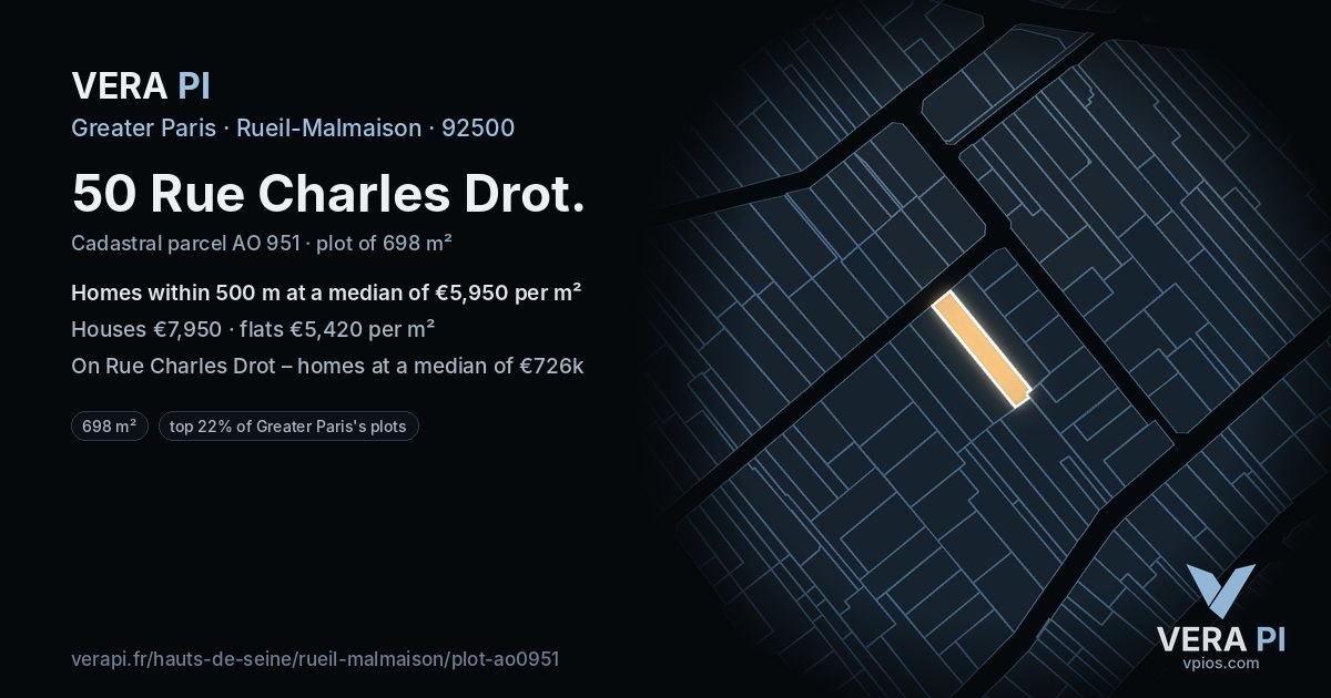 50 Rue Charles Drot, Rueil-Malmaison at night – the plot lit, the parcels around coloured by the prices near them