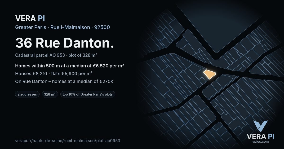 36 Rue Danton, Rueil-Malmaison at night – the plot lit, the parcels around coloured by the prices near them