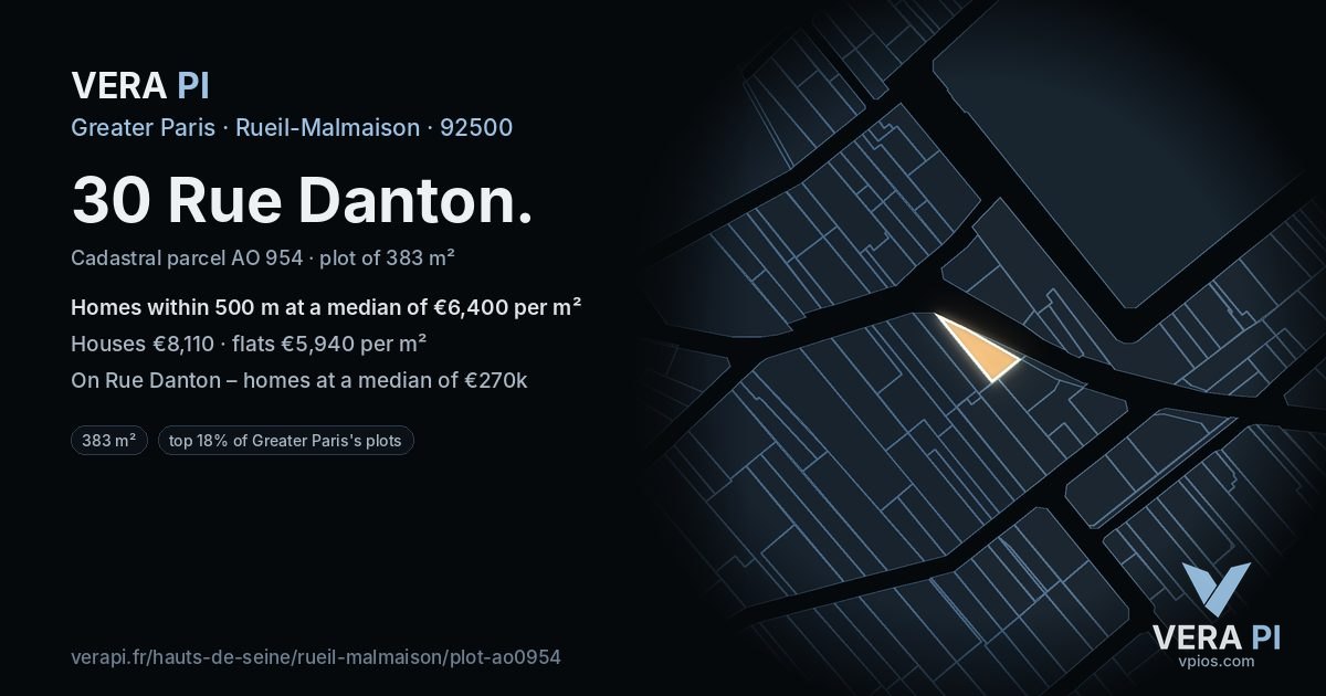 30 Rue Danton, Rueil-Malmaison at night – the plot lit, the parcels around coloured by the prices near them