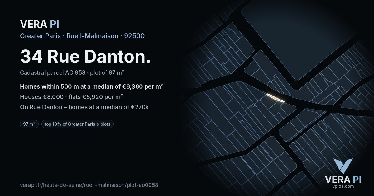 34 Rue Danton, Rueil-Malmaison at night – the plot lit, the parcels around coloured by the prices near them