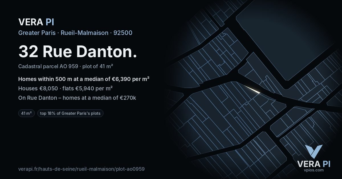 32 Rue Danton, Rueil-Malmaison at night – the plot lit, the parcels around coloured by the prices near them
