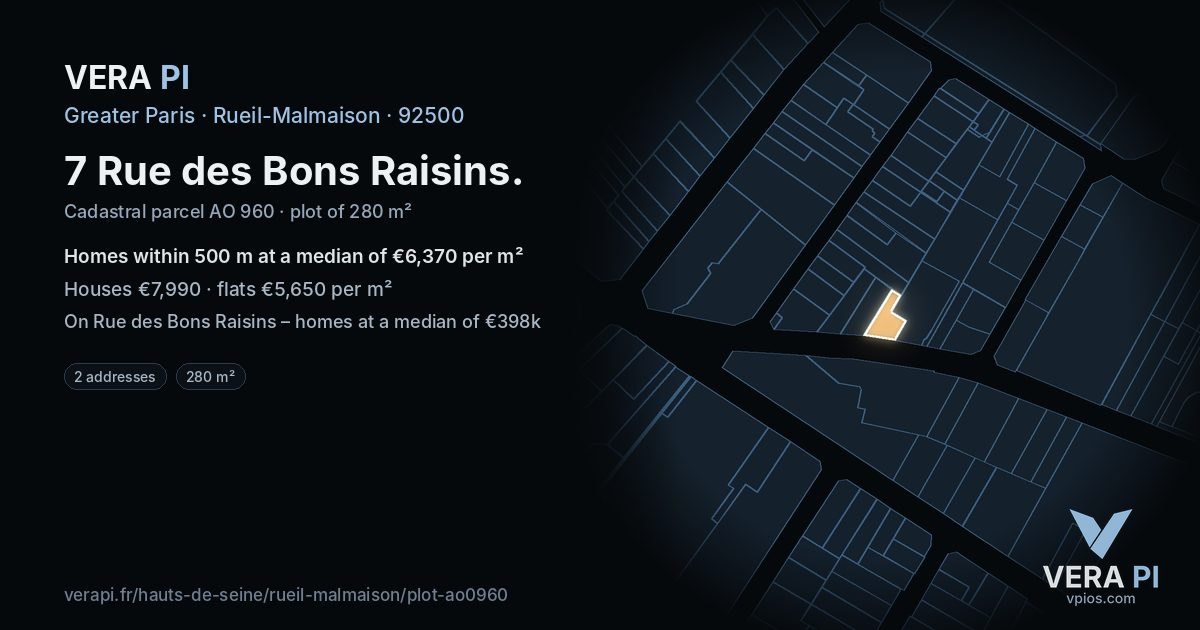 7 Rue des Bons Raisins, Rueil-Malmaison at night – the plot lit, the parcels around coloured by the prices near them
