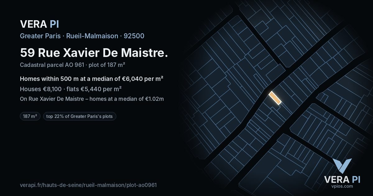 59 Rue Xavier De Maistre, Rueil-Malmaison at night – the plot lit, the parcels around coloured by the prices near them