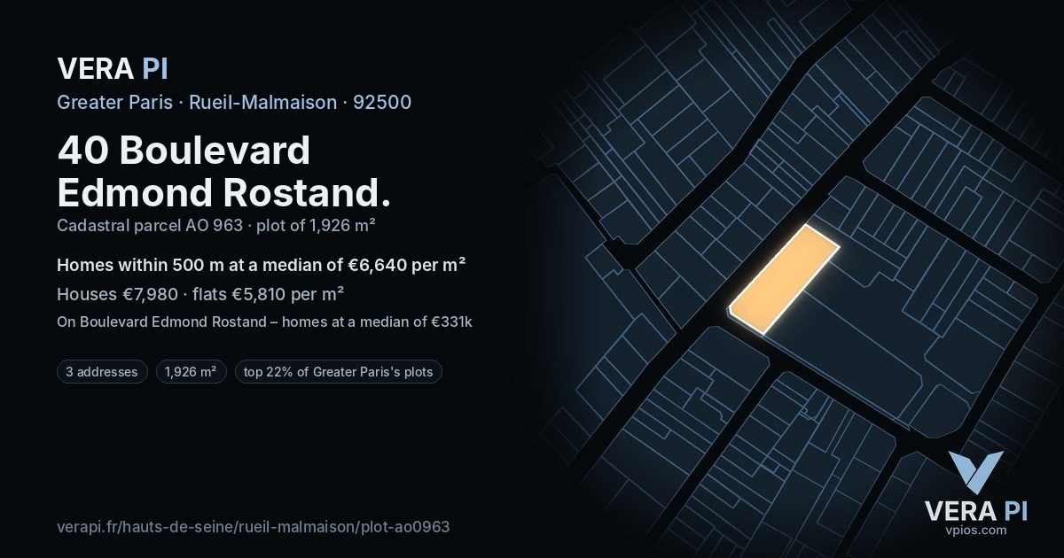 40 Boulevard Edmond Rostand, Rueil-Malmaison at night – the plot lit, the parcels around coloured by the prices near them