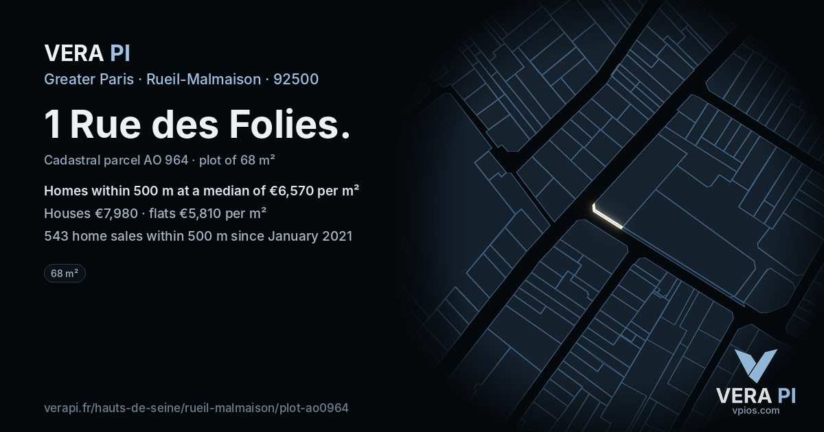 1 Rue des Folies, Rueil-Malmaison at night – the plot lit, the parcels around coloured by the prices near them
