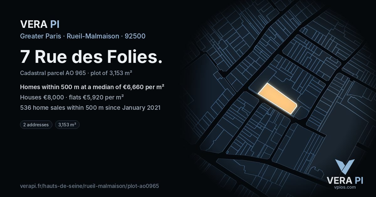 7 Rue des Folies, Rueil-Malmaison at night – the plot lit, the parcels around coloured by the prices near them