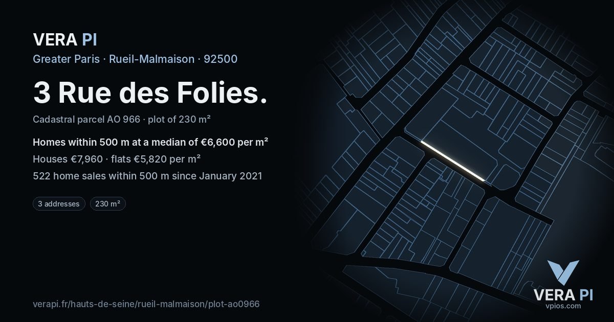 3 Rue des Folies, Rueil-Malmaison at night – the plot lit, the parcels around coloured by the prices near them
