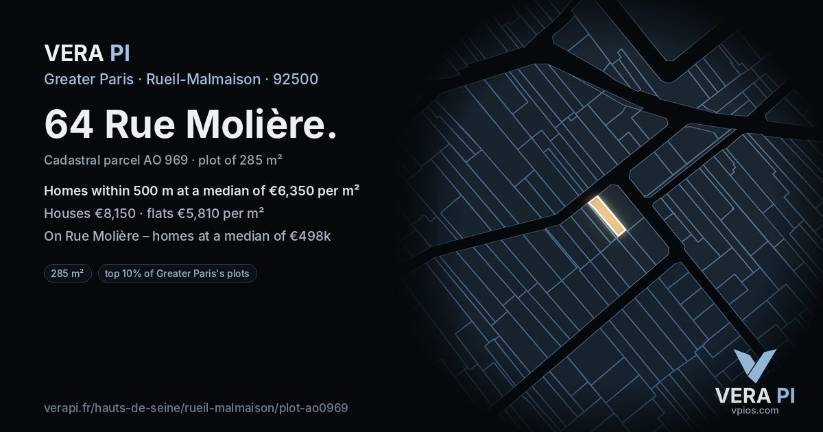 64 Rue Molière, Rueil-Malmaison at night – the plot lit, the parcels around coloured by the prices near them