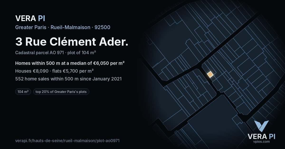 3 Rue Clément Ader, Rueil-Malmaison at night – the plot lit, the parcels around coloured by the prices near them