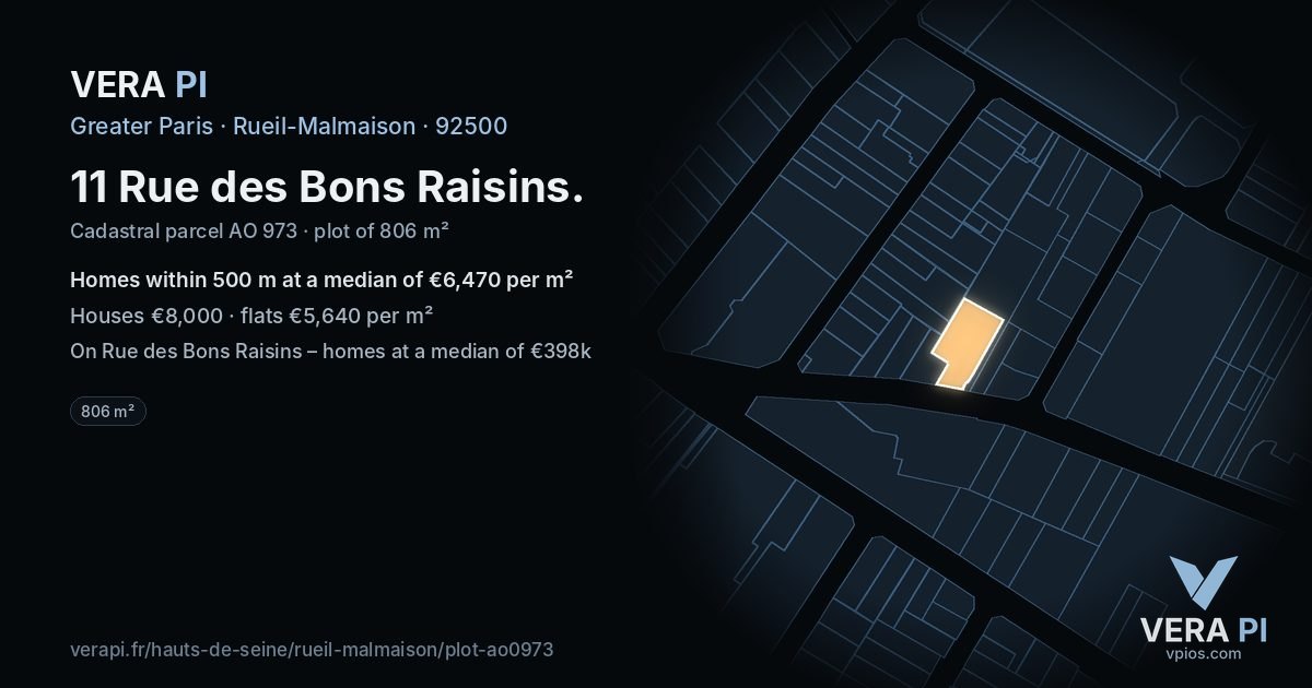 11 Rue des Bons Raisins, Rueil-Malmaison at night – the plot lit, the parcels around coloured by the prices near them