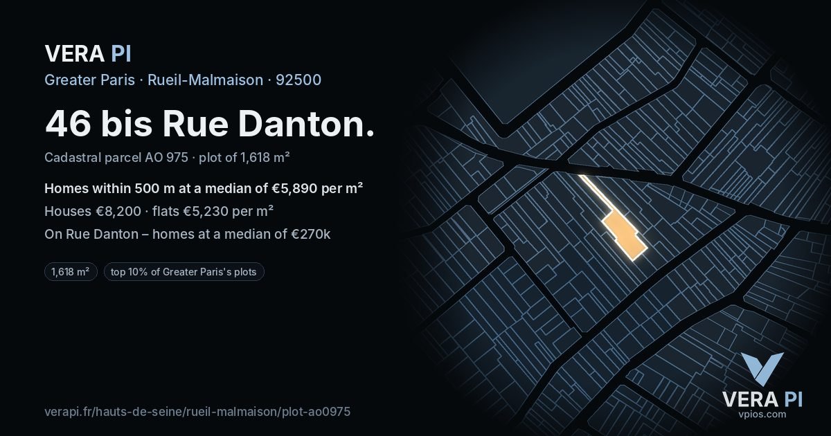 46 bis Rue Danton, Rueil-Malmaison at night – the plot lit, the parcels around coloured by the prices near them